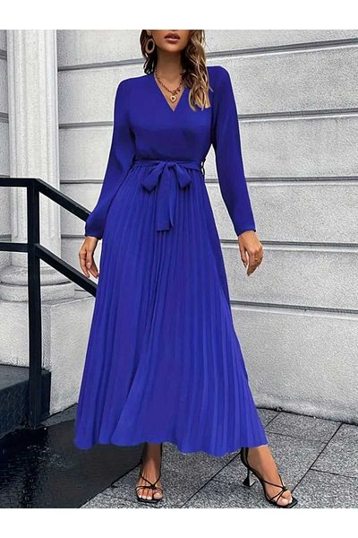 Kokosh moda Women's Pleat Detailed Belted Long Sleeve Imported Crepe Dress
