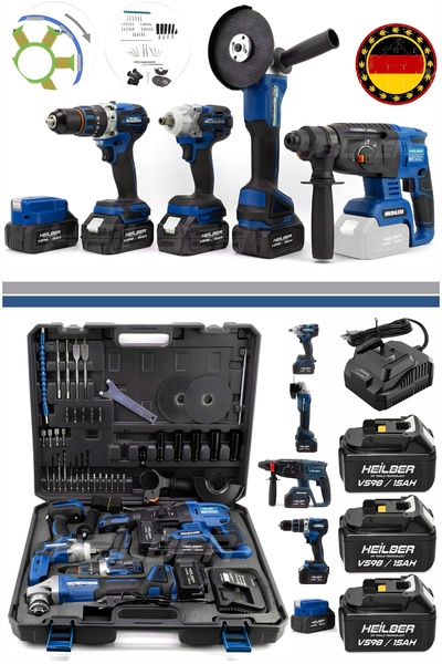 HEİLBER ALMAN 5'Lİ SET KIRMIZI AKÜLÜ KIRICI DELİCİ,125MM TAŞLAMA,13MM VİDALAM...