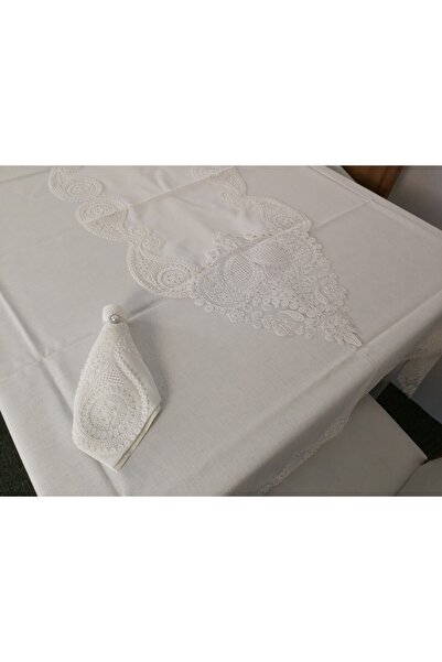 bursa çeyiz Luxury Cream Lace Table Set for 12 People - Tablecloth with Ranir (26 Pieces)