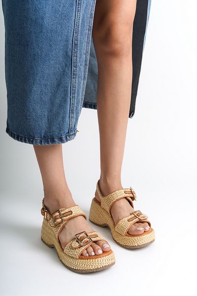 Capone Outfitters Straw Sole Genuine Leather Double Buckle Comfort Women's Sandals