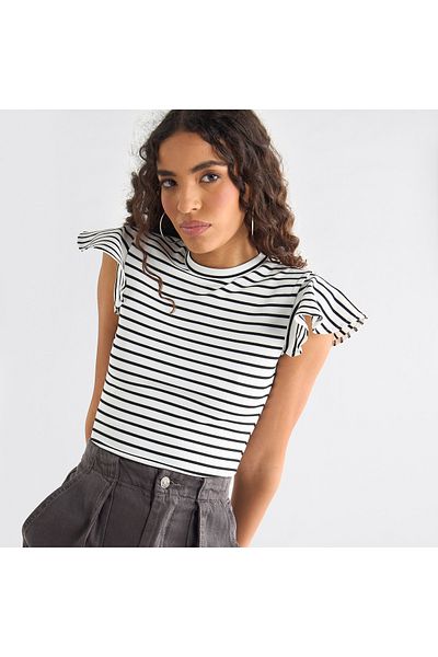 FAV Striped Top with Crew Neck and Flutter Sleeves