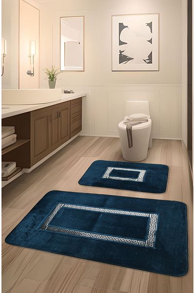 FeelHome Σετ πατάκι μπάνιου Ultra Luxury 2 τεμαχίων - Αντιολισθητική βάση Meram, Λεπτομέρεια από απορροφητικό δέρμα, μπλε & ασημί
