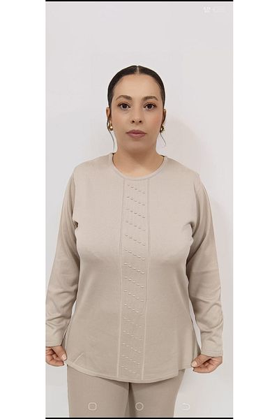 AKŞEN GİYİM LARGE SIZE THIN CORRATED COOL STRING FABRIC 70 cm FRONT GARNISHED LONG SLEEVE MOTHER BLUSE