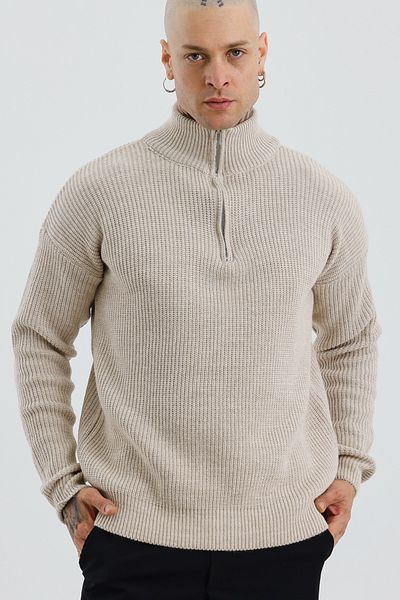 MADZEYMODA Ανδρικό πλεκτό πουλόβερ με μισό φερμουάρ Premium πλεκτό πέτρα μπεζ Mz62001