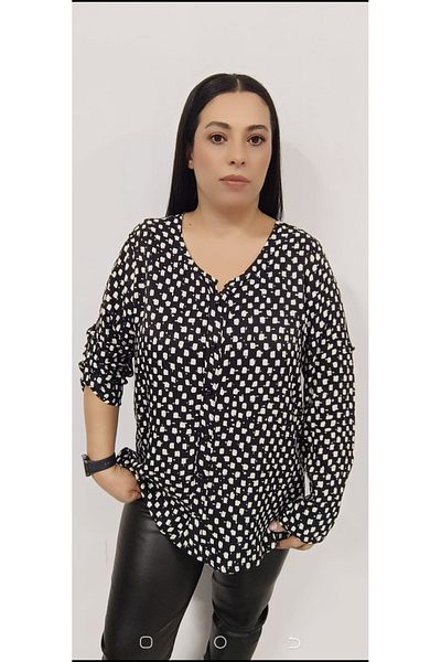 AKŞEN GİYİM Cămașă pentru mamă, mărime mare, țesătură din bumbac, poliester, mâneci pliabile, fără guler, model alb-negru