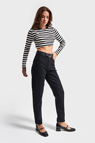 its basic Women's Black Color 100% Koton Mom Fit Belted Denim