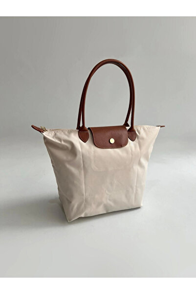 Hepsi Moda حقيبة كتف قابلة للطي بمقبض جلدي - بيج وتان