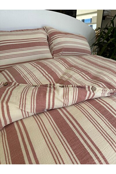 Tasarım طقم غطاء لحاف من الموسلين من HB&Victory، مخطط بلون القرميد، مقاس مزدو...