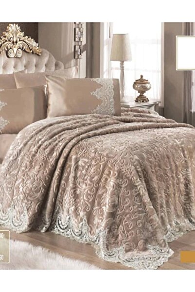 bursa çeyiz Ebru Fransız Güpürlü 6 Parça Lüx Battaniye Seti Kahve Rengi