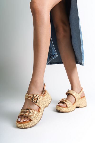 Capone Outfitters Straw Sole Genuine Leather Double Buckle Comfort Women's Sandals