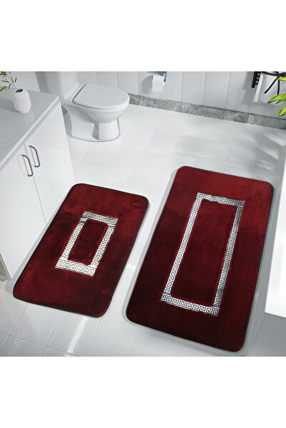 FeelHome Ultra Luxury 2-Piece Bath Mat Set - Meram Non-Slip Base, Absorbent Leather Detail, Red & Silver