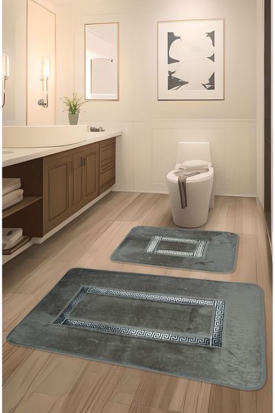 FeelHome Σετ πατάκι μπάνιου Ultra Luxury Meram - 2 τεμαχίων, αντιολισθητική βάση, απορροφητική και δερμάτινη λεπτομέρεια, γκρι & ασημί