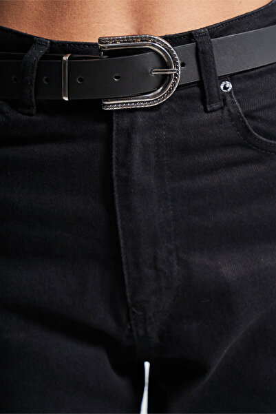 its basic Women's Black Color 100% Koton Mom Fit Belted Denim