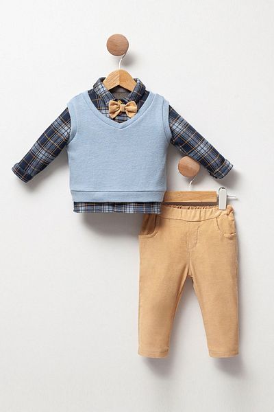 Cassiope Plaid Patterned Shirt with Bow Tie, Jumpers and Elastic Waist Pants for Baby Boy - 4 Piece Set