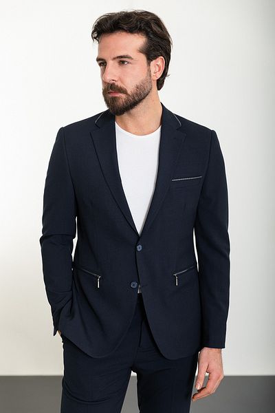 Mcr Straight Slim Fit Mono Collar Zippered Men's Suit Navy Blue - 45316.24Y