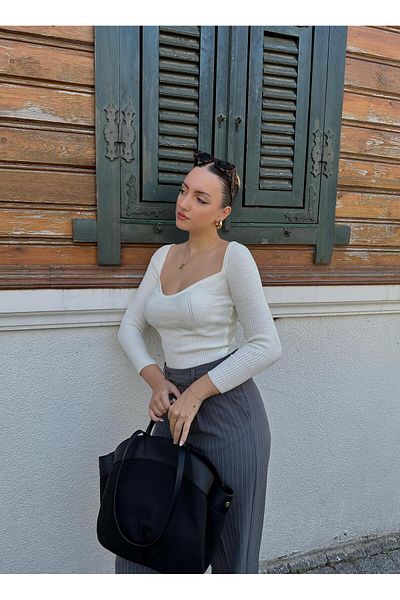 FİOXCO Elia Heart Collar Ribbed Stretchy White Knitwear Sweater