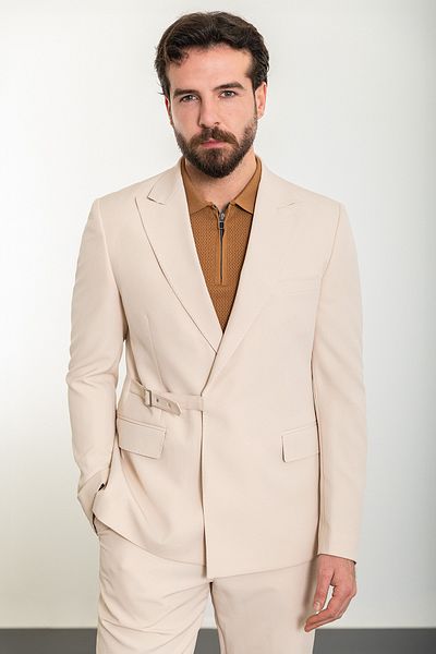 Mcr Straight Slim Fit Wide Collar Belt Men's Suit Beige - 45315.24Y