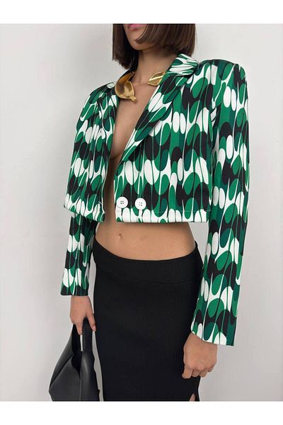 vuvutasarım Jachetă de damă, cu aspect simetric, cu model, cu guler pliat, cu un singur buton, 24S08012