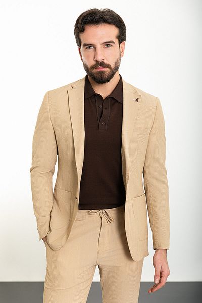 Mcr Striped Slim Fit Bag Pocket Mono Collar Seersucker Men's Suit Beige - 45320.24Y