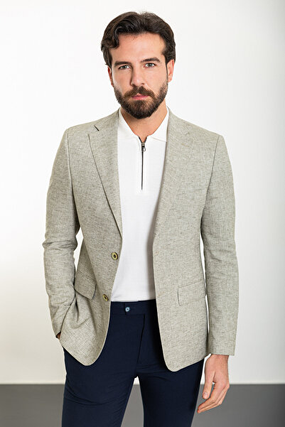 Mcr Смугастий Slim Fit Mono Yaka Лляний чоловічий піджак Хакі - 40370.24Y