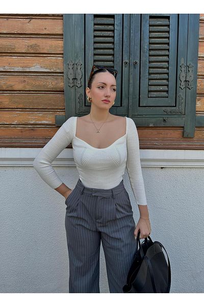 FİOXCO Elia Heart Collar Ribbed Stretchy White Knitwear Sweater