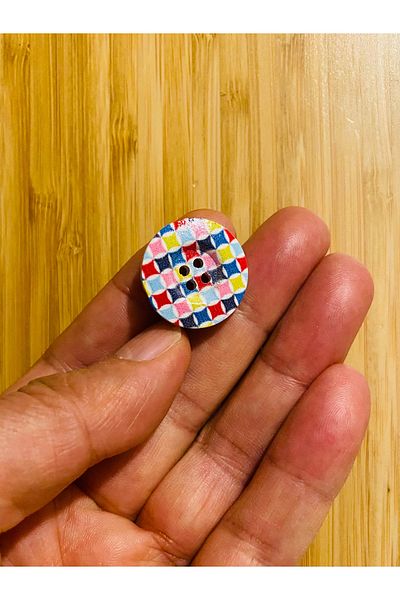 Kartopu Decorative Painted Wooden Button 23 Mm. Pack of 5. Checkerboard Pattern.