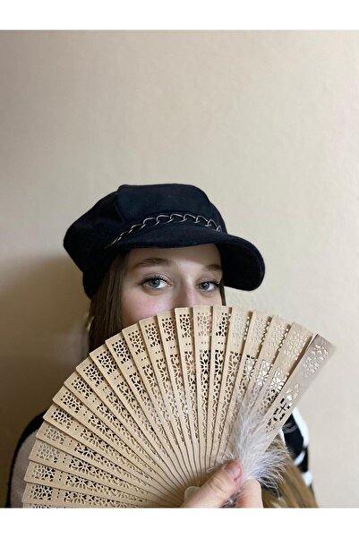 sema aksesuar Kadın Siyah Zincir Detaylı Denizci Şapka - Kasket