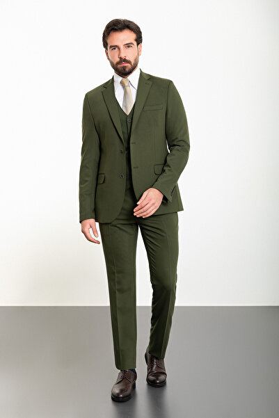 Mcr Düz Slim Fit Mono Yaka 8 Drop Klasik Erkek Takım Elbise Haki - 45307.24Y