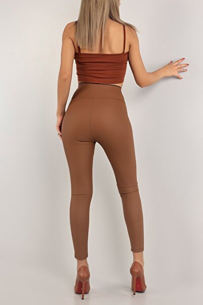 KAŞİHA Taba Içi Polarlı Full Esnek Yüksek Fermuarlı Korse Belli Mat Tayt Deri Pantolon 90 Cm