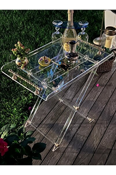 Queen Bee İstanbul Pirinç Aksesuarlı Şeffaf Katlanabilir Servis Tepsili Sehpa