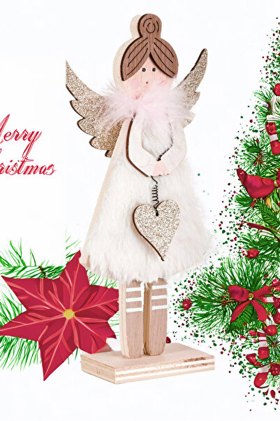 Sole Christmas Ornament Decorative Wooden Angel Figurine with Plush Dress - 19 cm