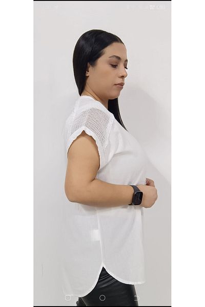 AKŞEN GİYİM ȚESĂTURĂ DE BUMBAC SPĂLAT MĂRIME MARE, DETAIL DE PLASĂ PE UMĂR ȘI BUMBAC, DESIGN CU MÂNECĂ JOSĂ, BLUZĂ AUTENTICA