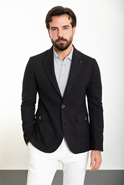 Mcr Прямий Slim Fit Сумка Кишеня Широкий Комір Чоловічий Піджак Чорний - 40372.24Y