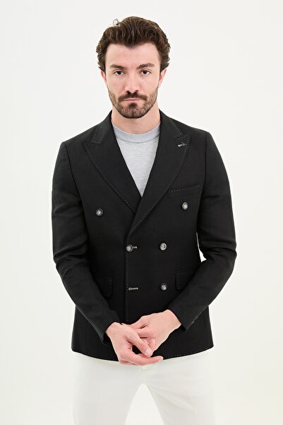 Mcr Straight Slim Fit Wide Collar 100% Linen Kruvze Men's Jacket Black - 40385.24Y