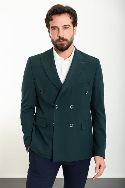 Mcr Straight Slim Fit Wide Collar Double Breasted Men's Jacket Emerald - 40363.24Y