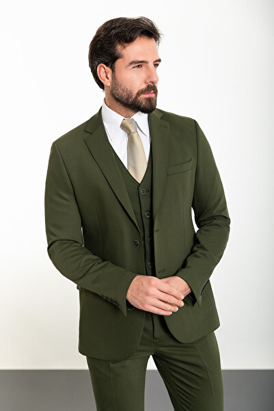 Mcr Düz Slim Fit Mono Yaka 8 Drop Klasik Erkek Takım Elbise Haki - 45307.24Y