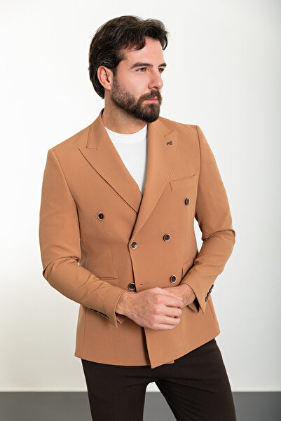 Mcr Straight Slim Fit Wide Collar Double Breasted Men's Jacket Dark Beige - 40363.24Y