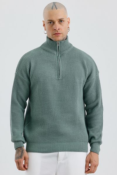 MADZEYMODA Ανδρικό πλεκτό πουλόβερ με μισό φερμουάρ Premium πλεκτό πράσινο πλεκτό Mz62001