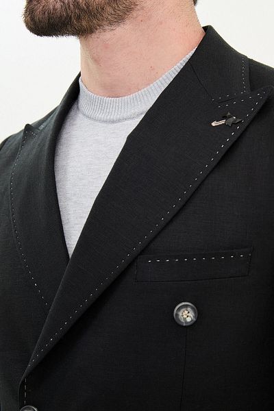 Mcr Straight Slim Fit Wide Collar 100% Linen Kruvze Men's Jacket Black - 40385.24Y