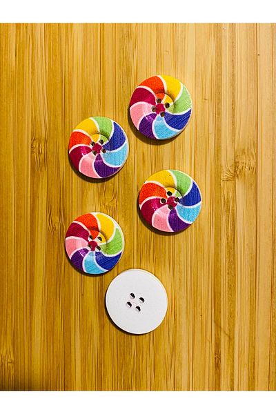 Kartopu Decorative Painted Wooden Button 23 Mm. Pack of 5. Wind Rose Patterned.