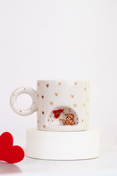 SİNEM YAMAN HOME Heart Bear Handmade Ceramic Mug / Handmade Ceramic Mug