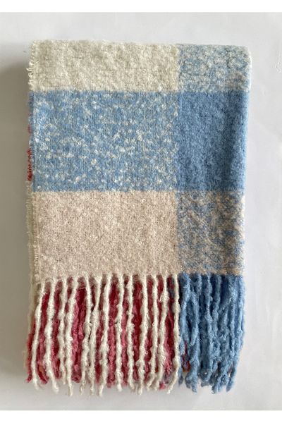 karışık kaset Pink Pastel Color Square Patterned Soft Tassel Scarf Shawl