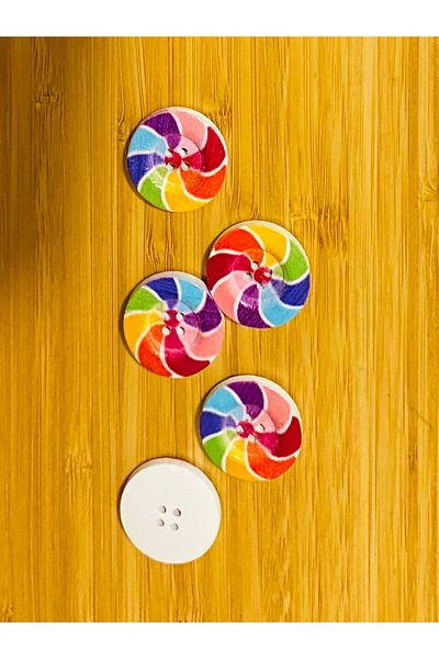 Kartopu Decorative Painted Wooden Button 25 Mm. Pack of 5. Wind Rose Patterned.