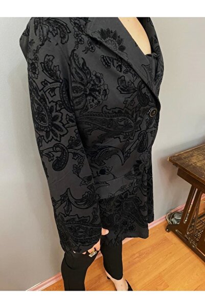 DESEO BOUTIQUE Kadın Çiçek Desenli Siyah Renk Blazer Ceket