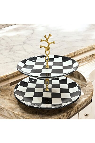 AYGEN HANDMADE KATLI SERVİS TABAĞI YUVARLAK TASARIM SUNUMLUK DAMA DESEN ÇİNİ