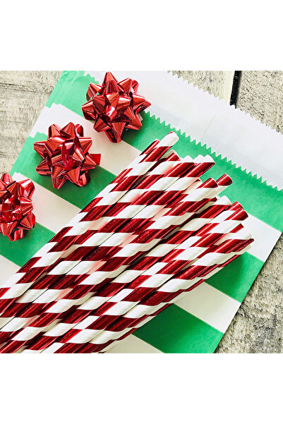 parti pera Metalik Parlak Kırmızı Beyaz Kağıt Pipet 24 Adet