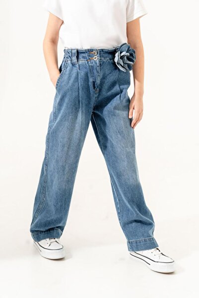 GİYİCEM Kız Çocuk Çıkarılabilir Çiçekli Kot Pantolon