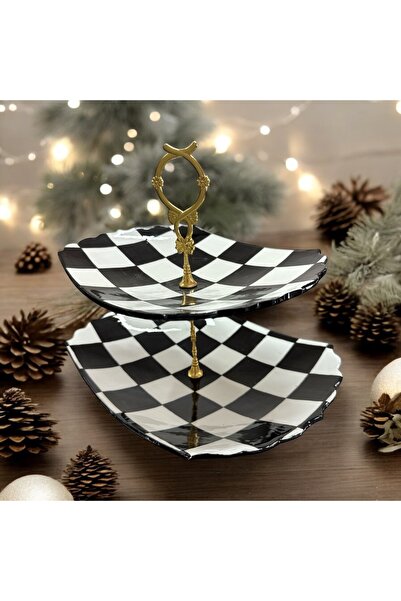AYGEN HANDMADE ÇİNİ KATLI SERVİS TABAĞI DİKDÖRTGEN DAMALI DESEN DEKORATİF ÇİN...
