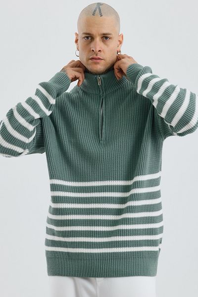 MADZEYMODA Ανδρικό Πράσινο Ριγέ Premium Πλεκτό Πουλόβερ - Oversize, Μισό φερμουάρ Mz62000