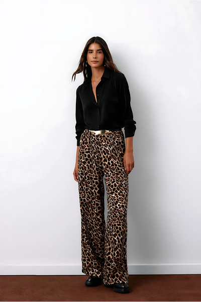 Sateen Beli Lastikli Leopar Desenli Pantolon - Kahve